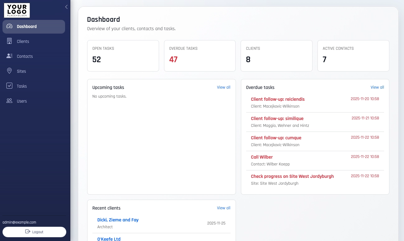 Internal tool mockup: workflow, registers, KPIs and reporting
