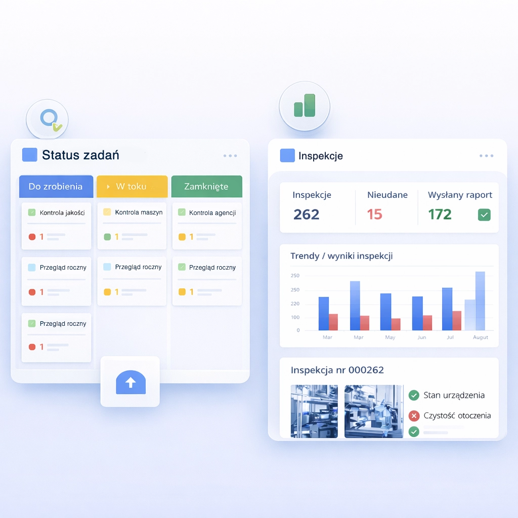 Visual: status workflow and reporting panel.